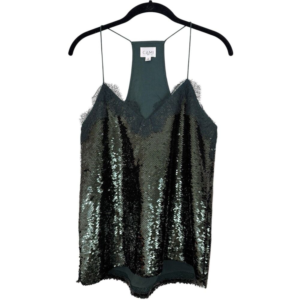 Cami NYC The Racer Sequin Camisole with Lace Trim Sz S Dark Green Lined Party